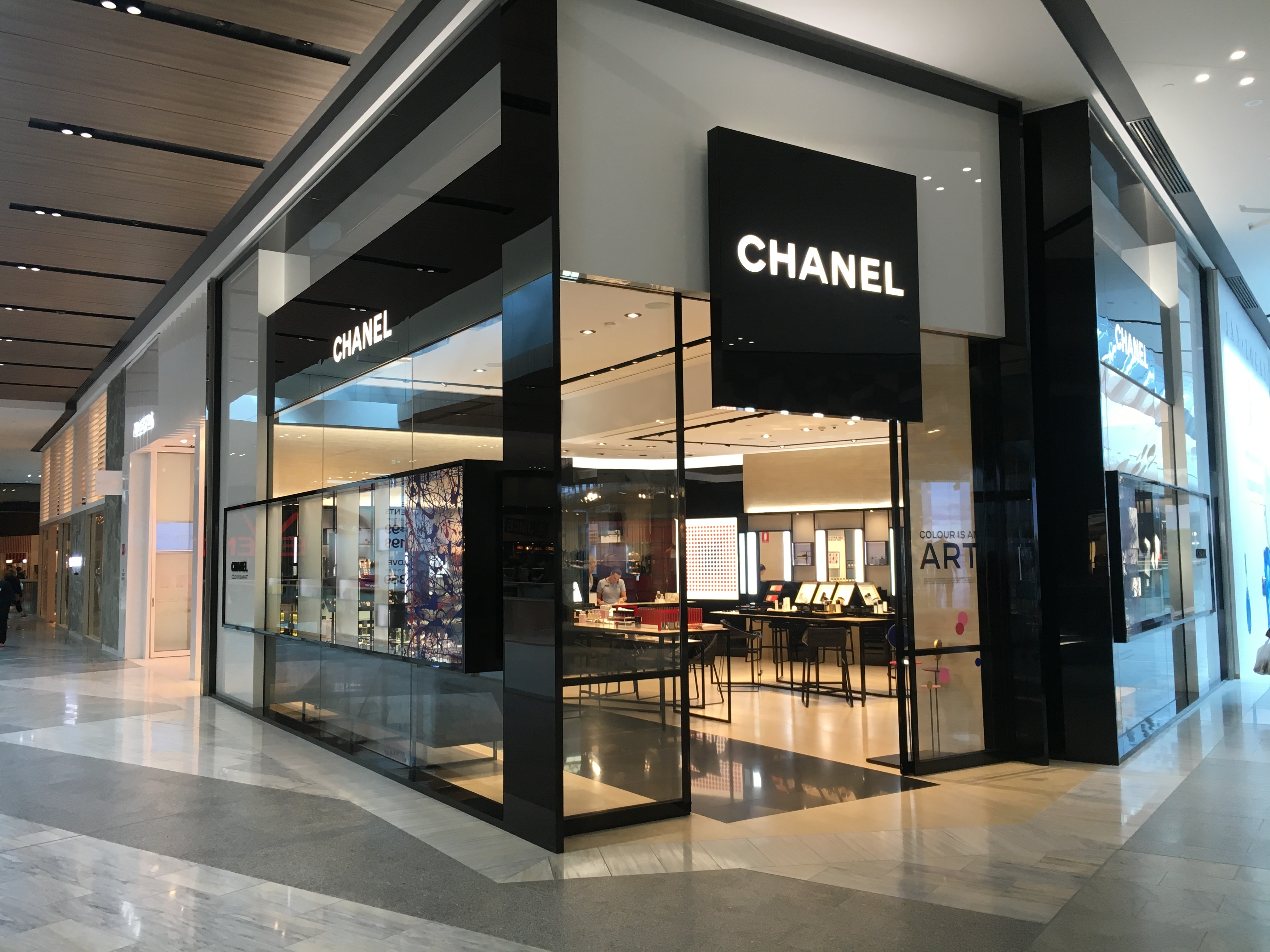 Chanel Pacific Fair Fragrance shopfront with dark stone framing